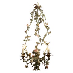 French Antique Iron And Porcelain Flower Chandeliers