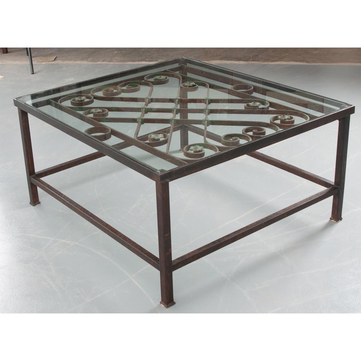 French Antique Iron Architectural Fragment and Glass Coffee Table In Good Condition For Sale In Baton Rouge, LA
