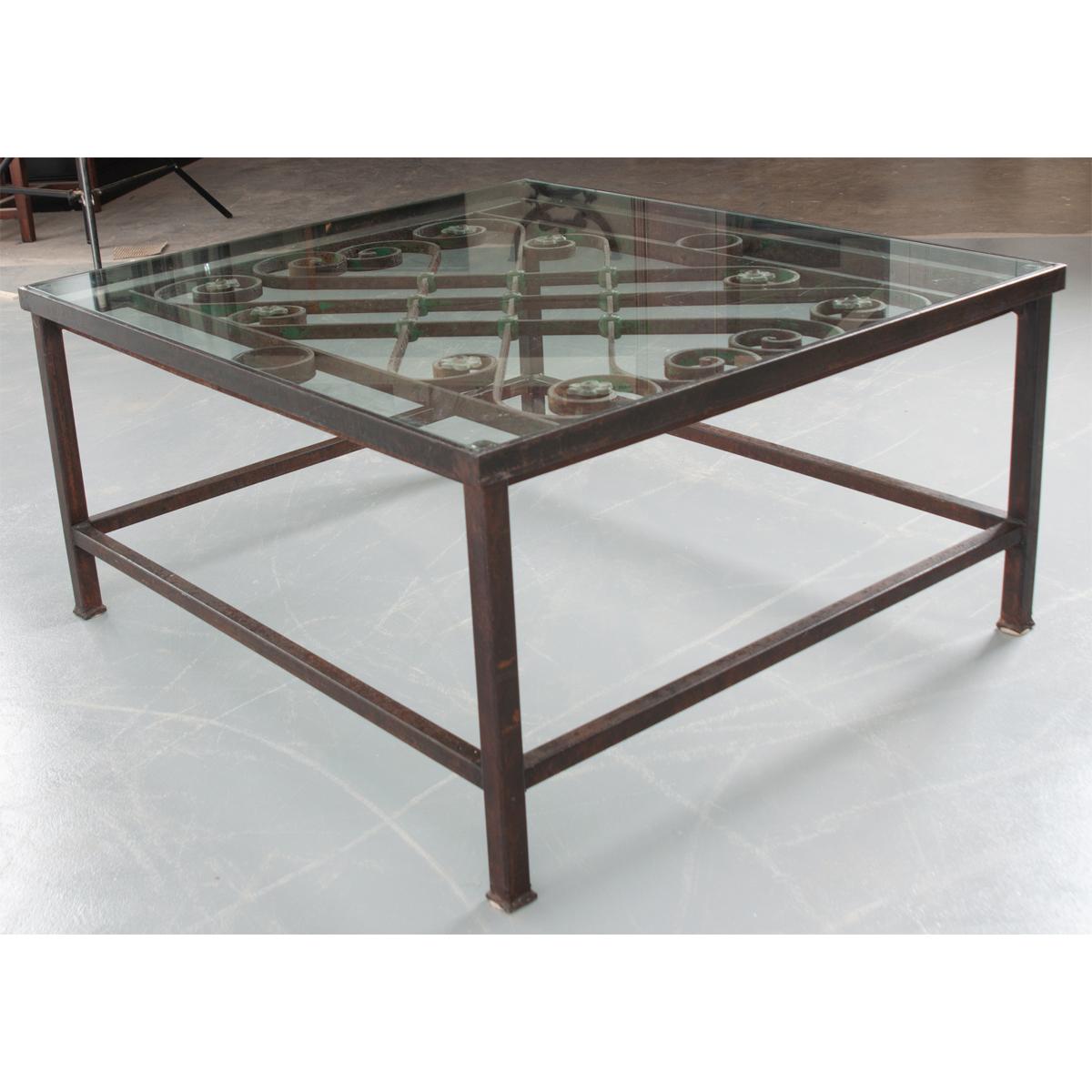 20th Century French Antique Iron Architectural Fragment and Glass Coffee Table For Sale