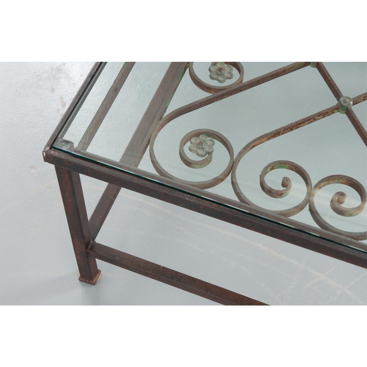 French Antique Iron Architectural Fragment and Glass Coffee Table For Sale 4