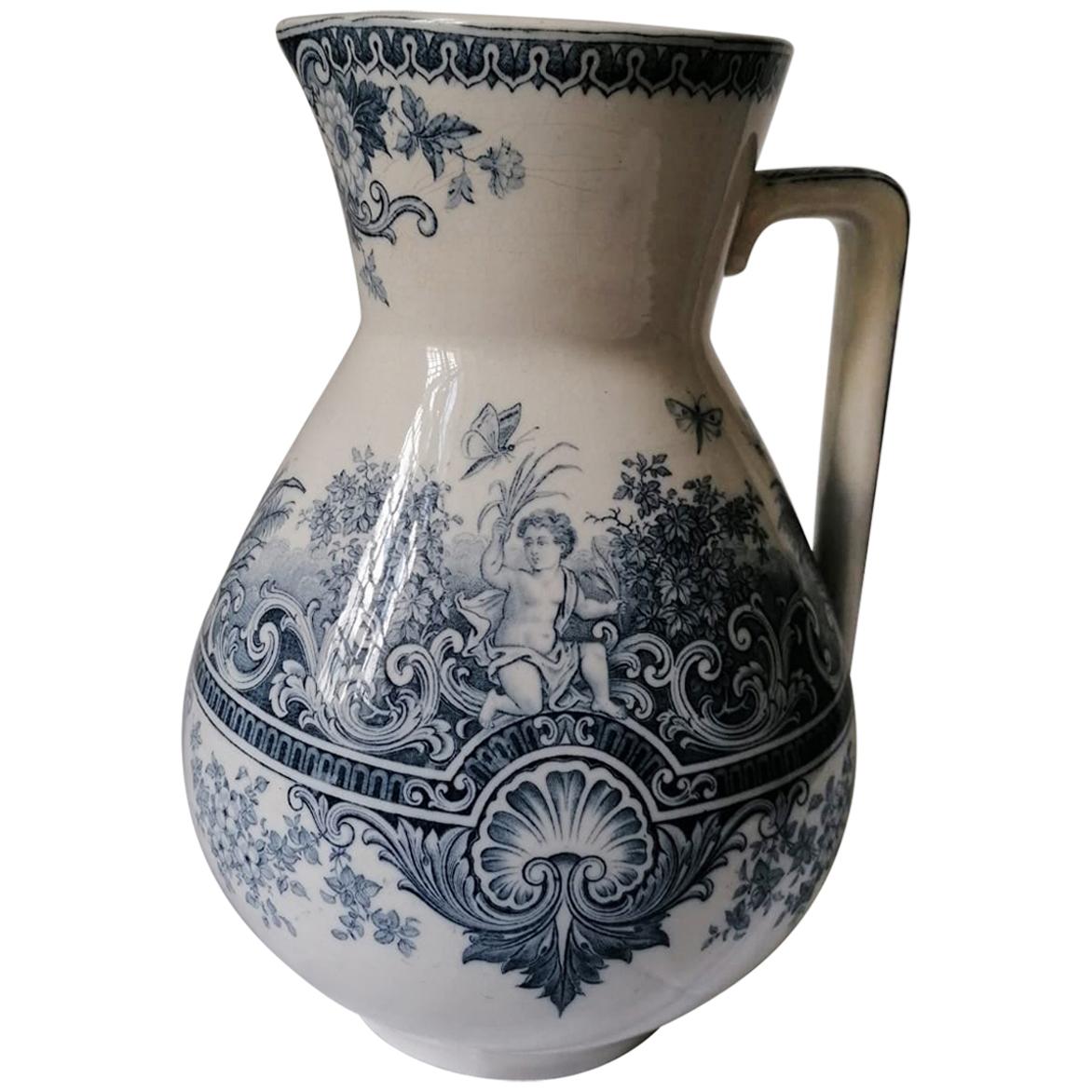 French Antique Jug Sarreguemines Pitcher Neptune, 19th Century For Sale