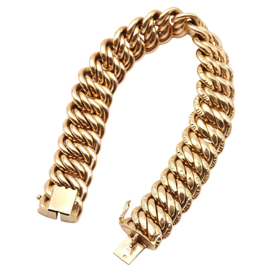 French antique large curb 18k gold bracelet, flexible mesh, circa 1930
