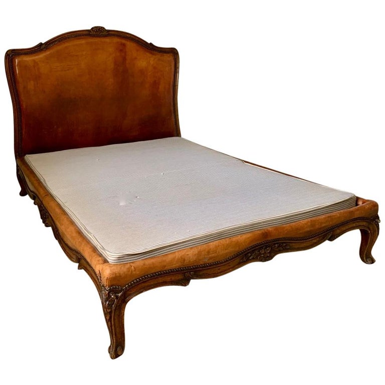 French Antique Leather Bed With Low, Leather Headboard Footboard