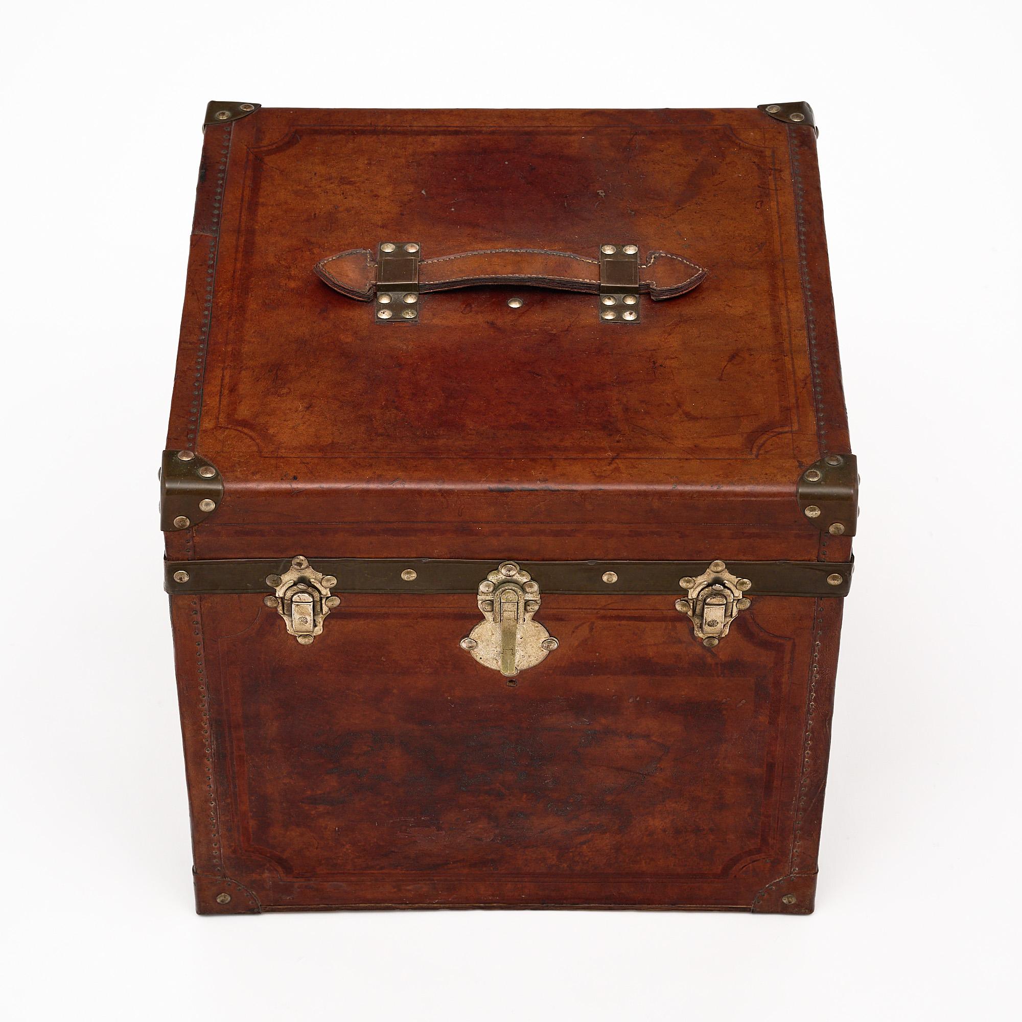 Brass French Antique Leather Traveling Trunk For Sale