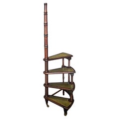 French Antique Library Staircase with Leather Treads