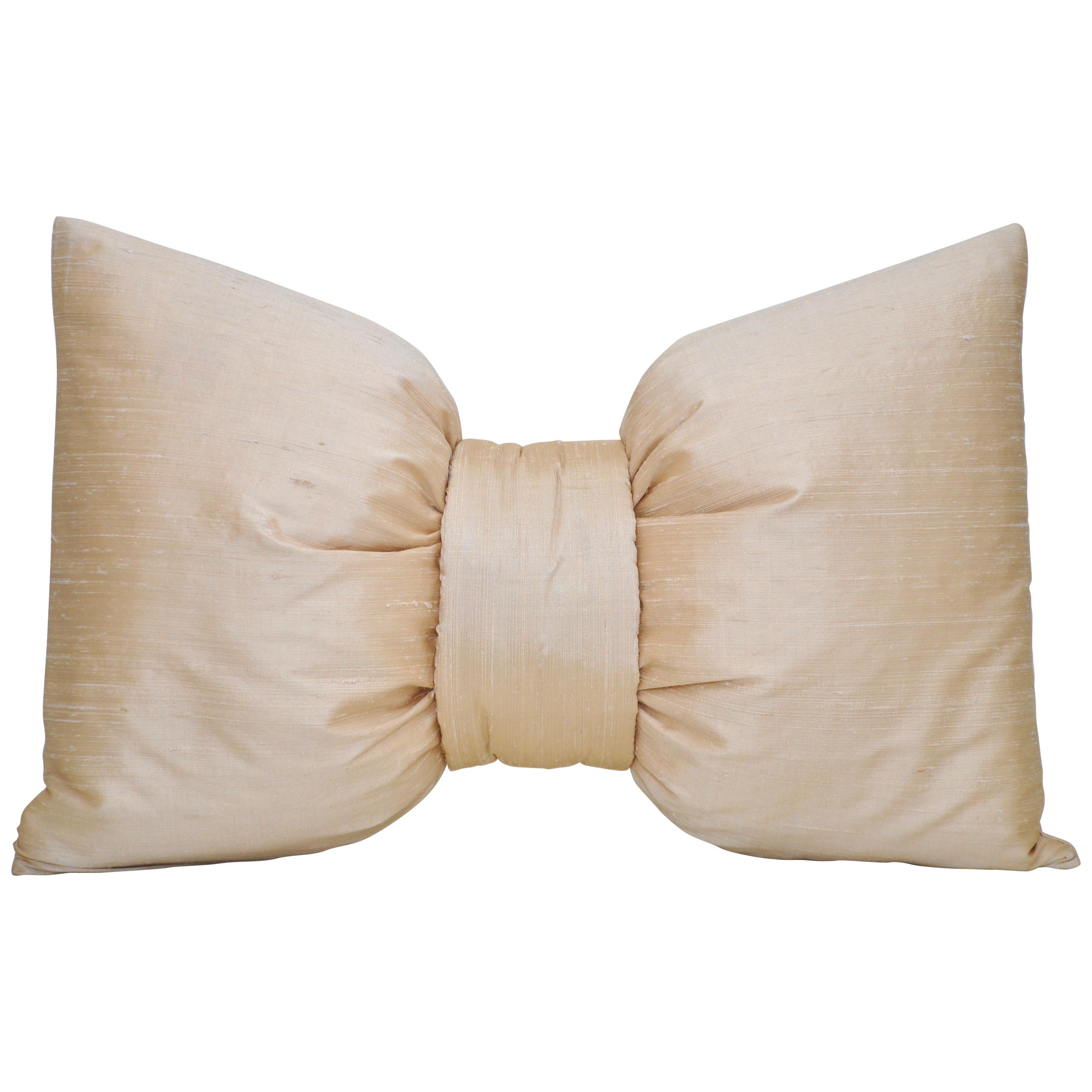 French Antique Light Champagne Cream Nude Blush Peach Silk Bow Cushion Pillow