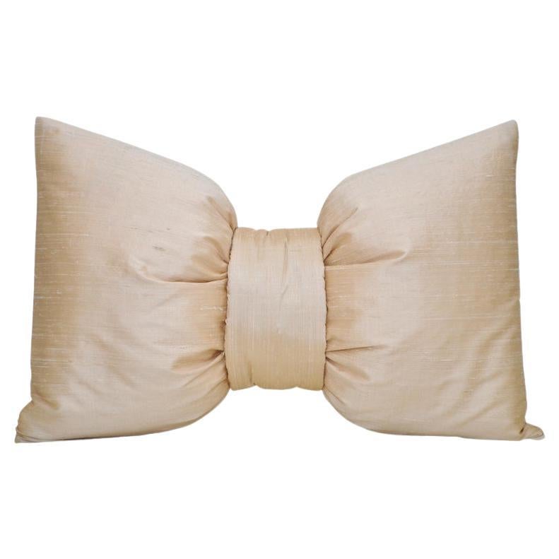 French Antique Light Champagne Cream Nude Blush Peach Silk Bow Cushion Pillow