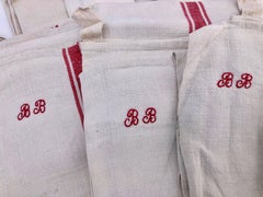 14 French Antique Linen Kitchen Towels Red Stripe, Embroidered "BB" Initials