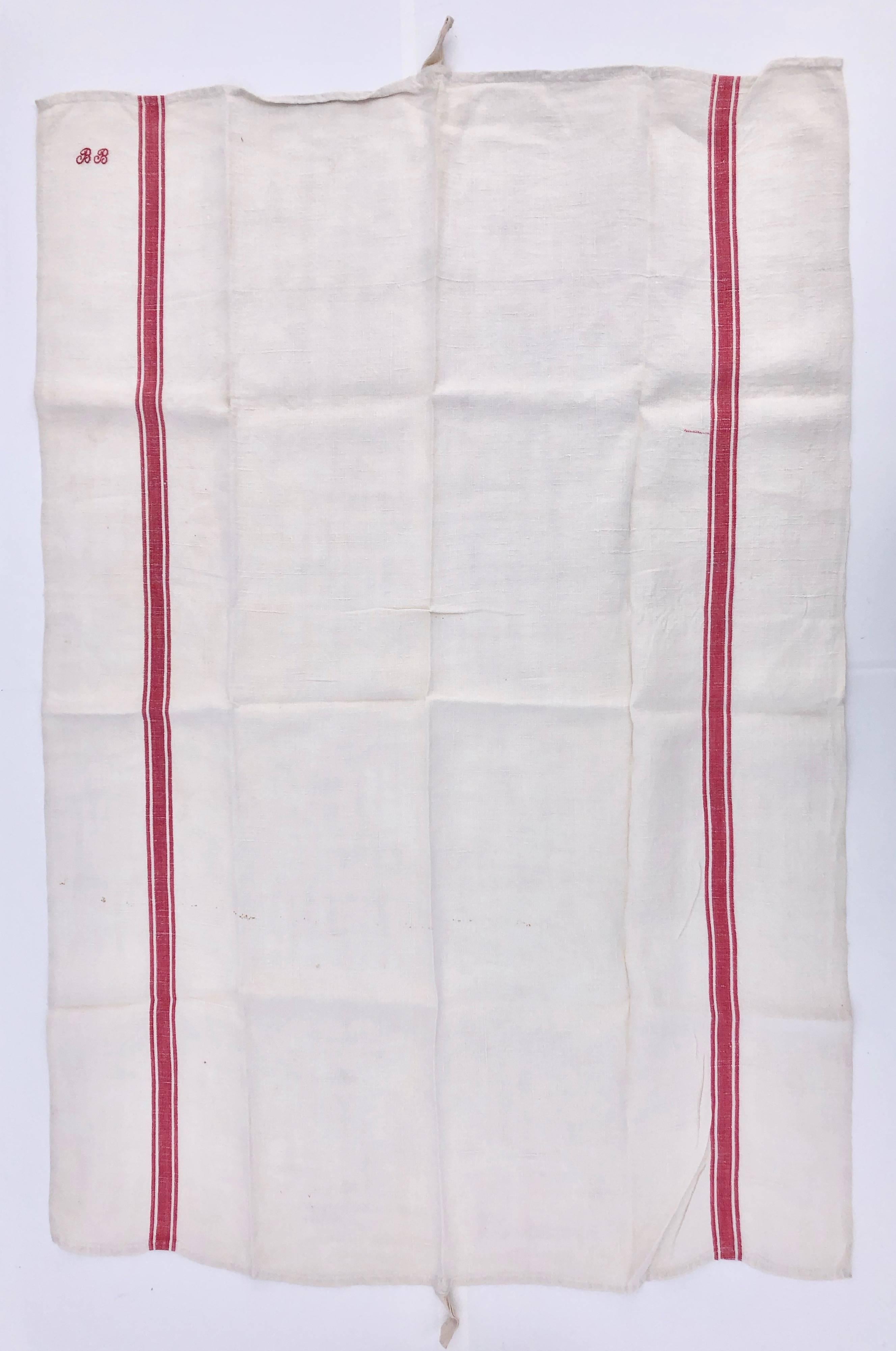 14 French Antique Linen Kitchen Towels Red Stripe, Embroidered 