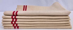 French Antique Linen Kitchen Towels 'Set of Six', with Red Stripes