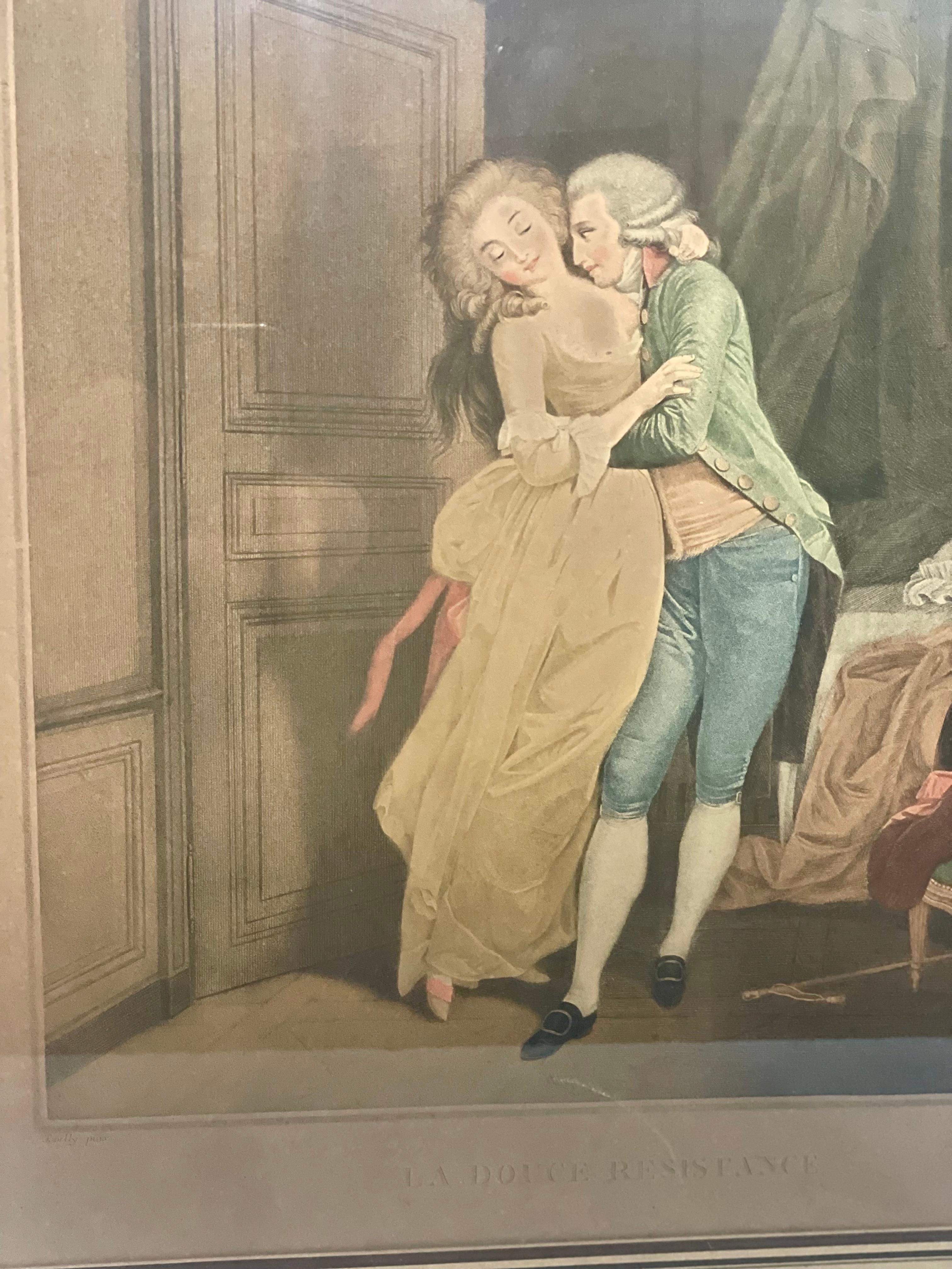 Antike französische Lithographie in vergoldetem Rahmen 'La Douce Résistance'. (Louis XVI.) im Angebot