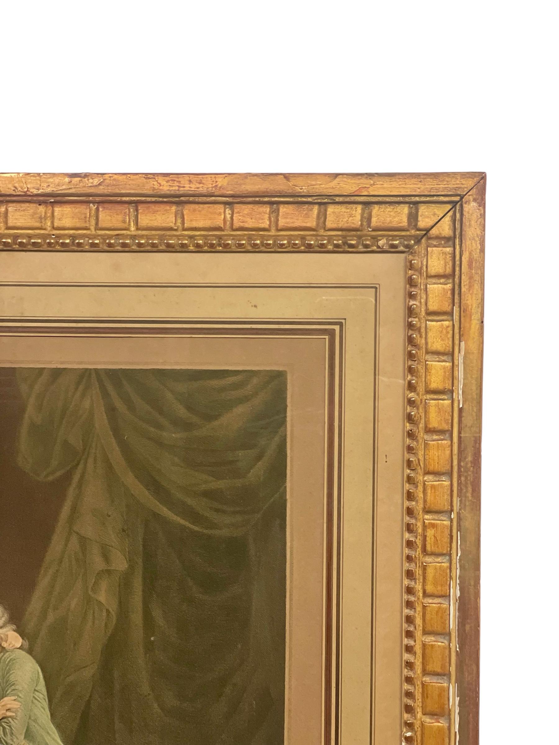 Hand-Painted French Antique Lithograph in Gilt Frame 'La Douce Résistance' For Sale