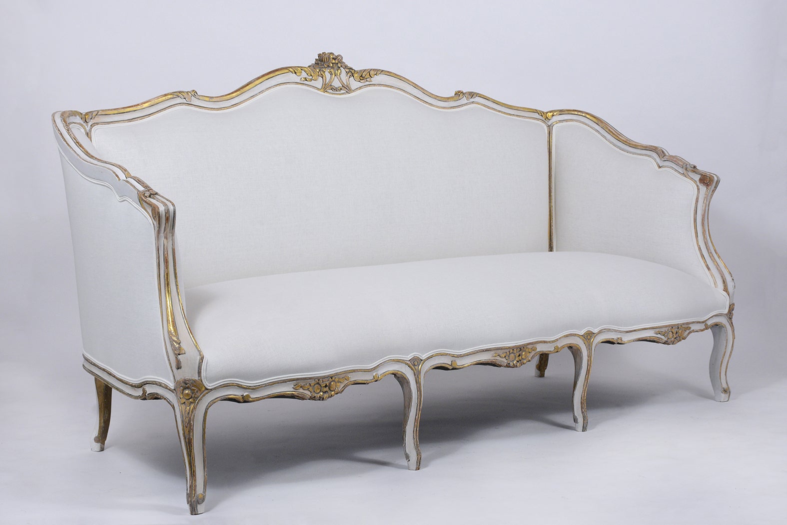 Linen French Antique Louis XV Gilt Sofa