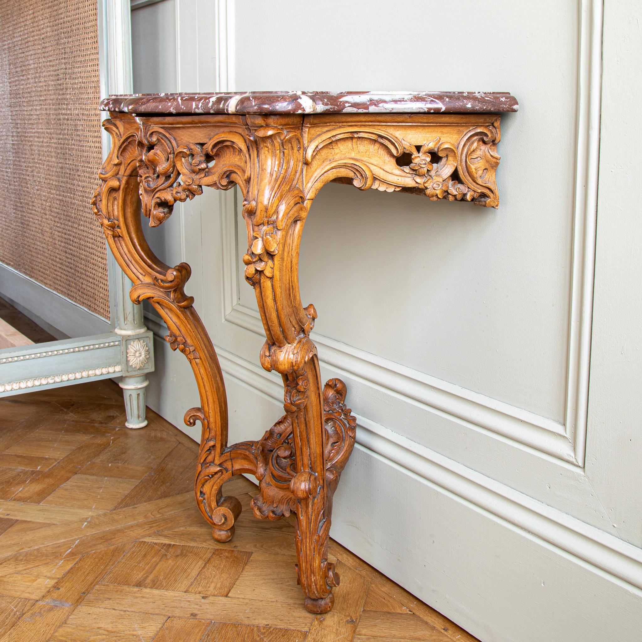 French Antique Louis XV Style Walnut Wood Console with Marble top For Sale 1