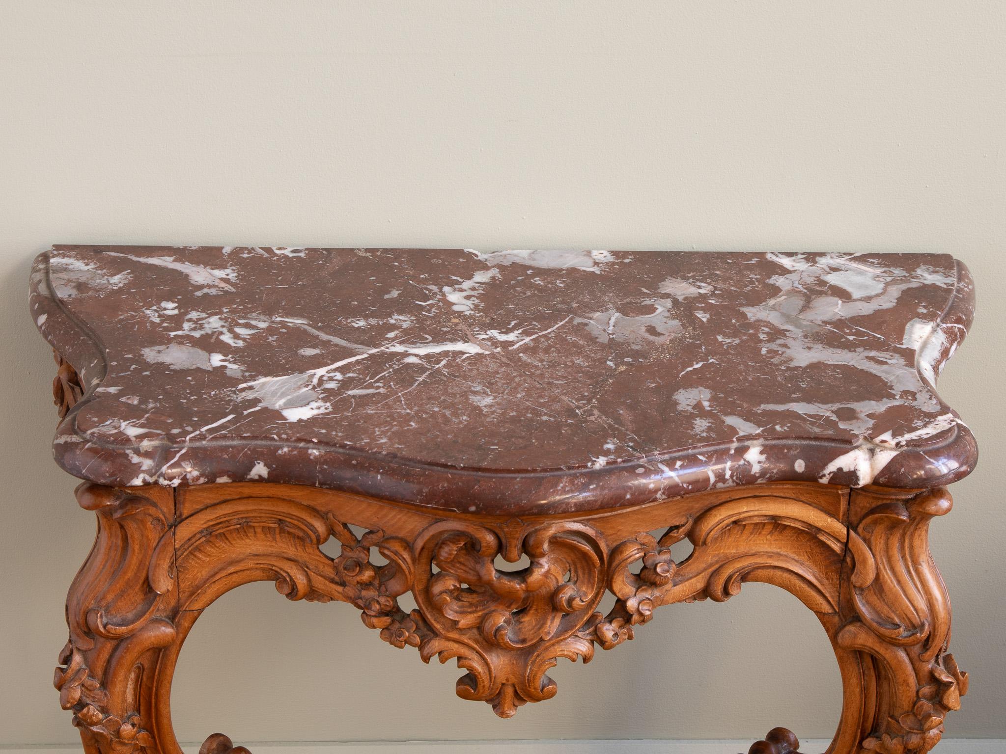 French Antique Louis XV Style Walnut Wood Console with Marble top For Sale 2