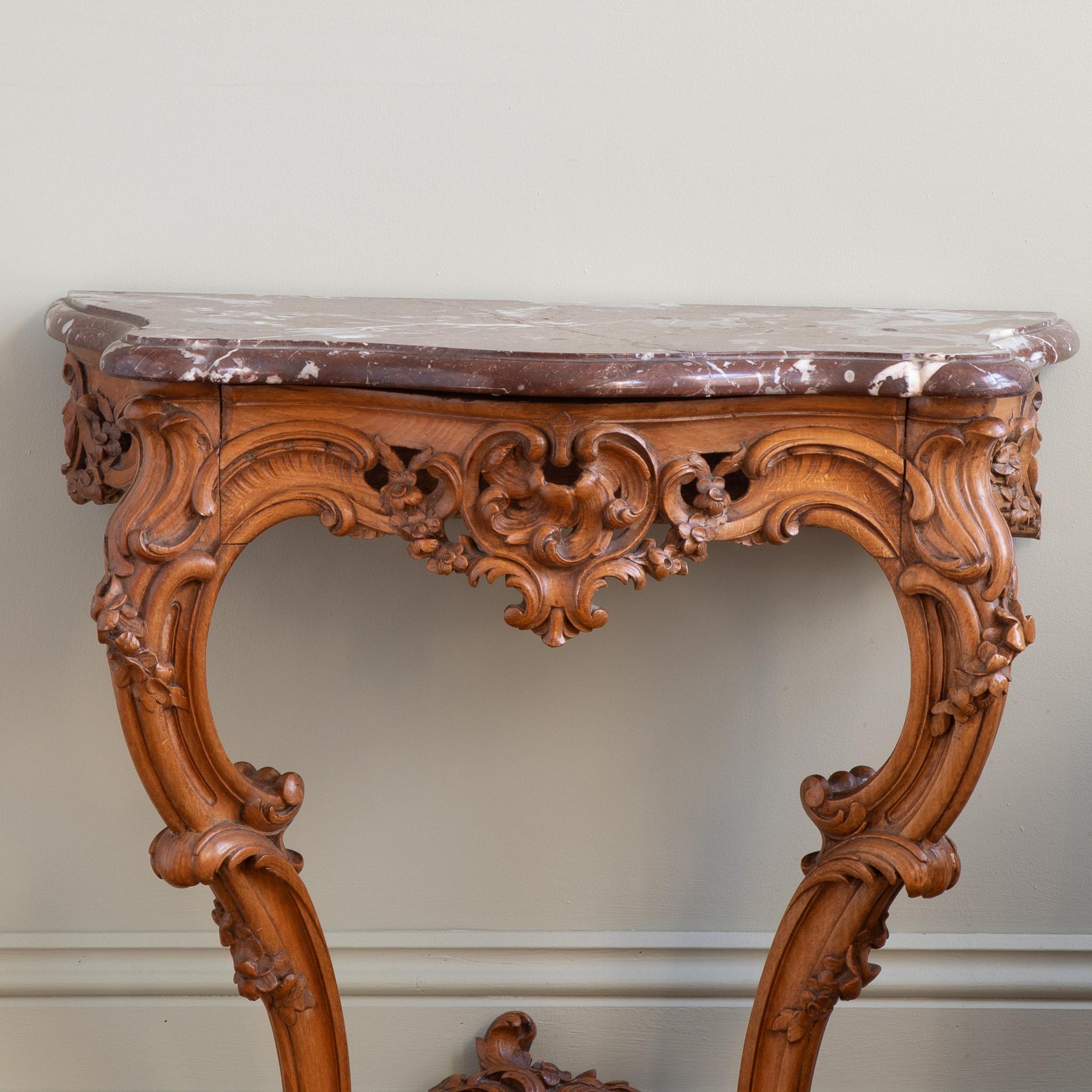 French Antique Louis XV Style Walnut Wood Console with Marble top For Sale 3