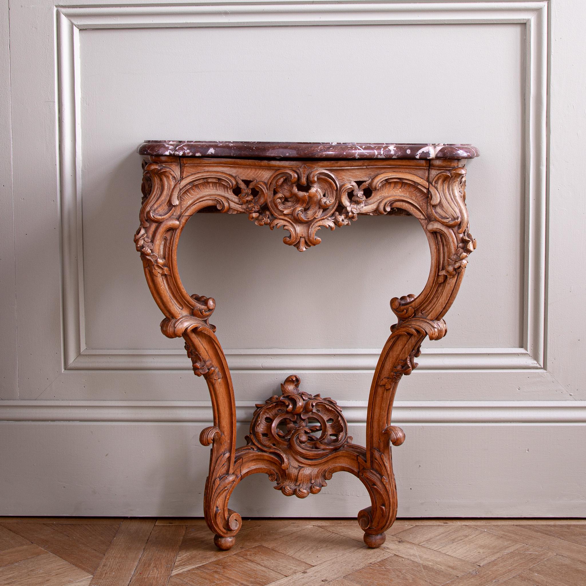 French Antique Louis XV Style Walnut Wood Console with Marble top For Sale 5
