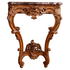 Console ancienne en bois de noyer de style Louis XV avec dessus en marbre