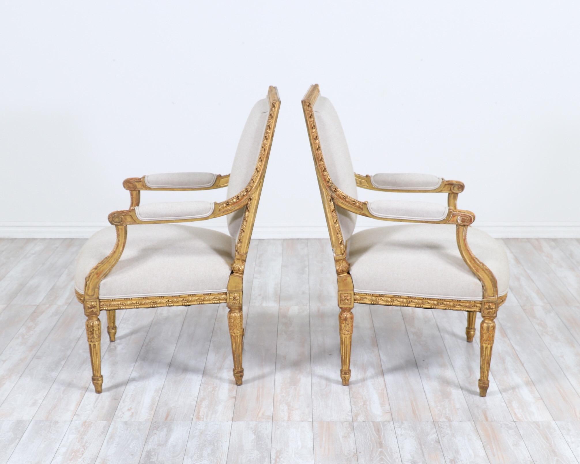 Linen French Antique Louis XVI Giltwood Armchairs