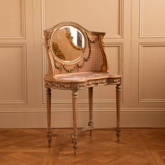French Antique Louis XVI Style Dressing table /Vanity Unit With Cane/Rattan