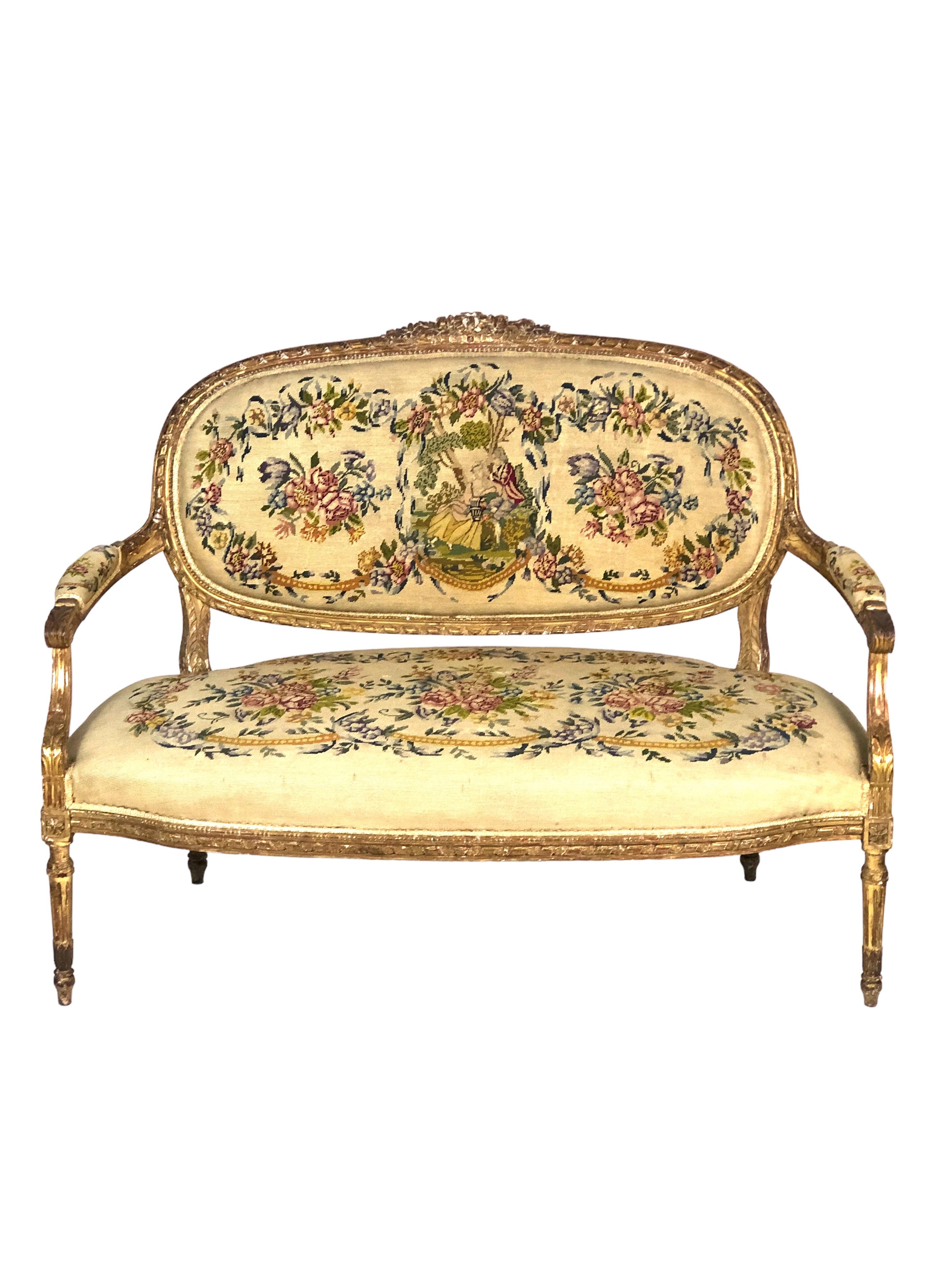 Ancienne suite de salon 5 pièces en bois doré Louis XVI en vente 3