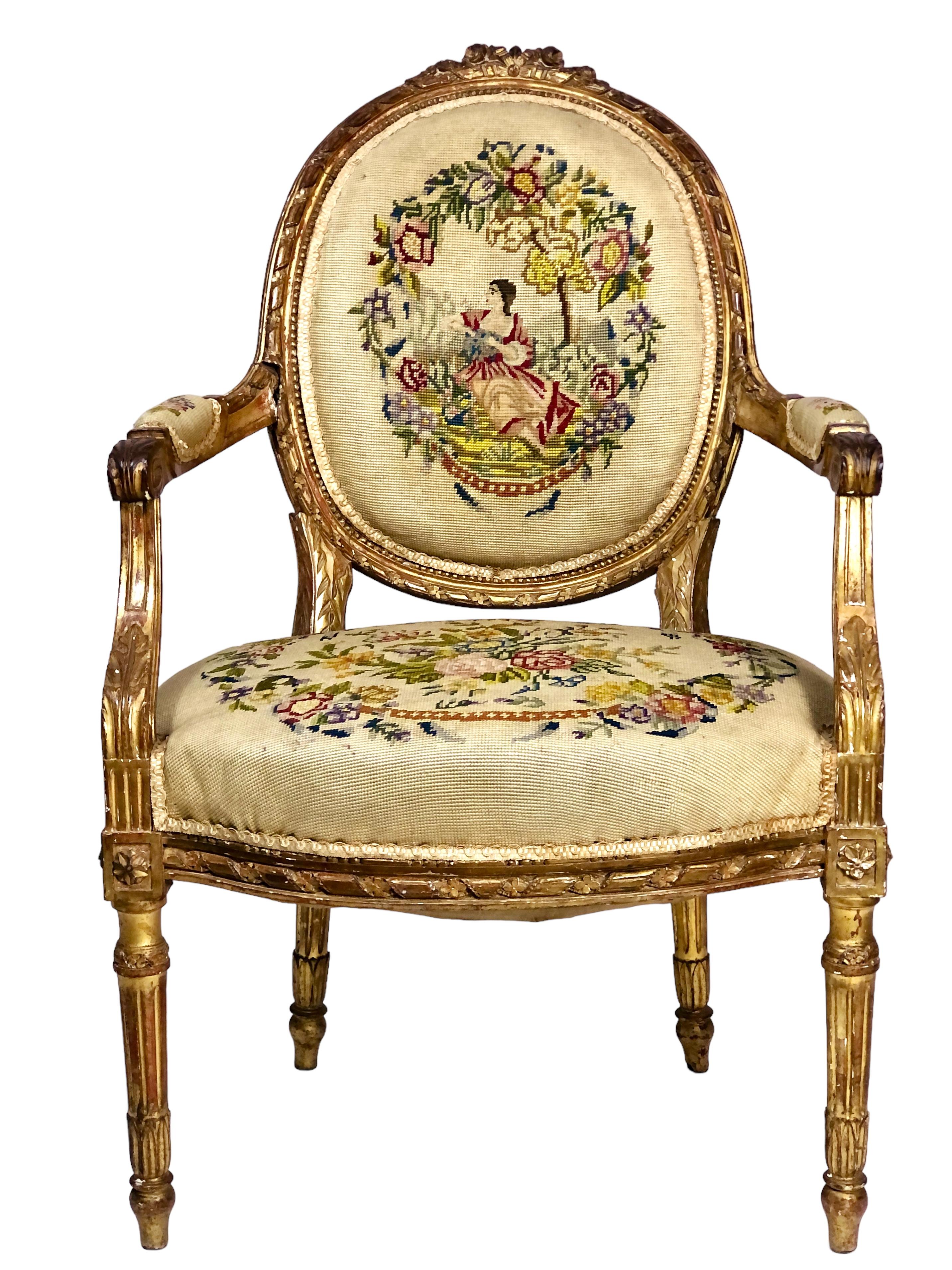 Antike Louis XVI Giltwood 5 Pieces Salon Suite (Louis XVI.) im Angebot
