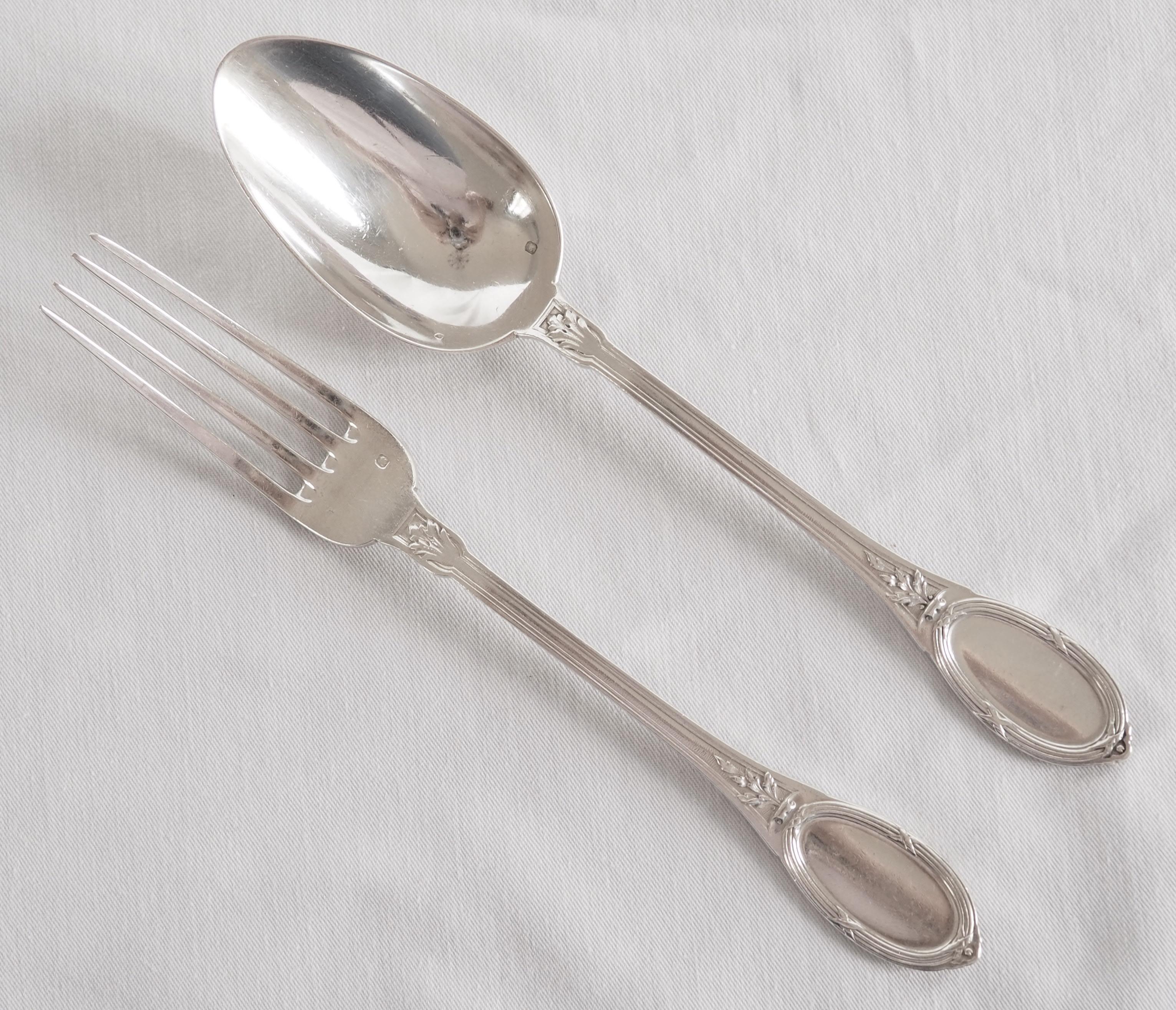 19th Century French antique Louis XVI style sterling silver flatware for 6 - Henin & Cie For Sale