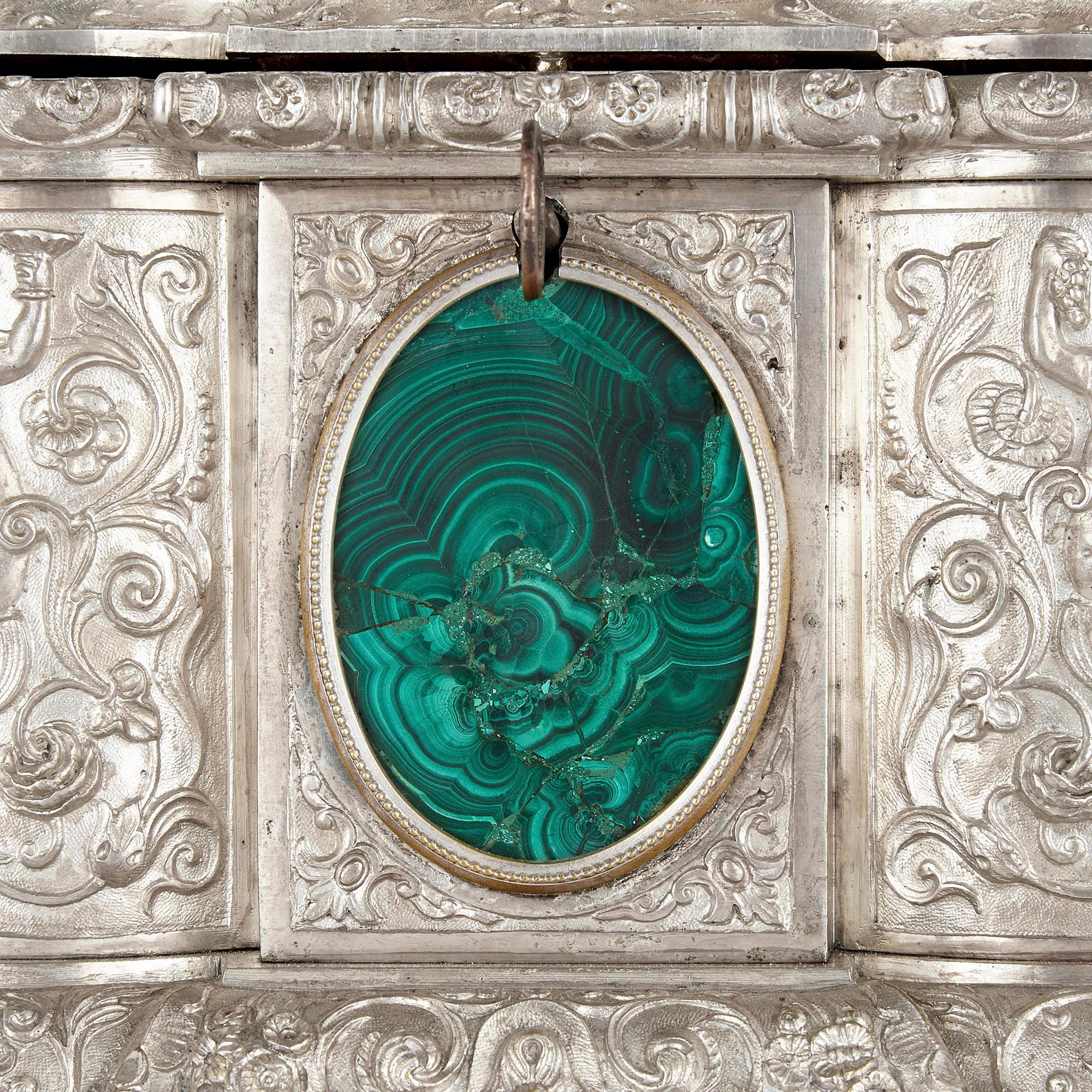 French Antique Malachite and Silvered Bronze Casket 5