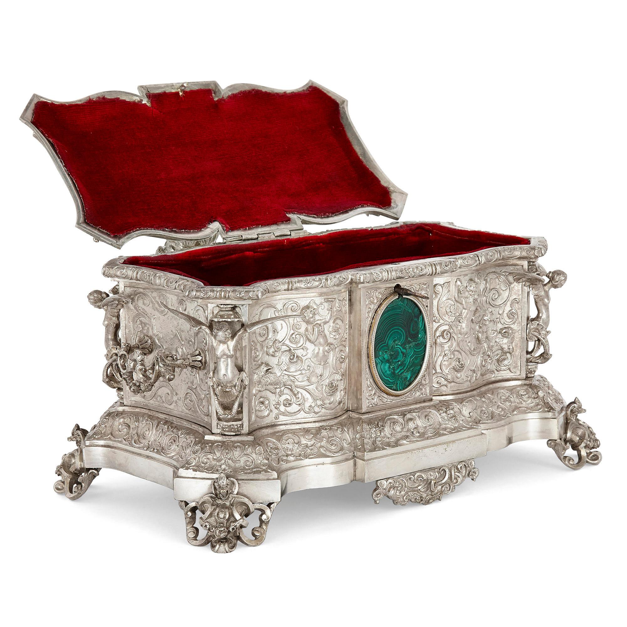 Baroque French Antique Malachite and Silvered Bronze Casket