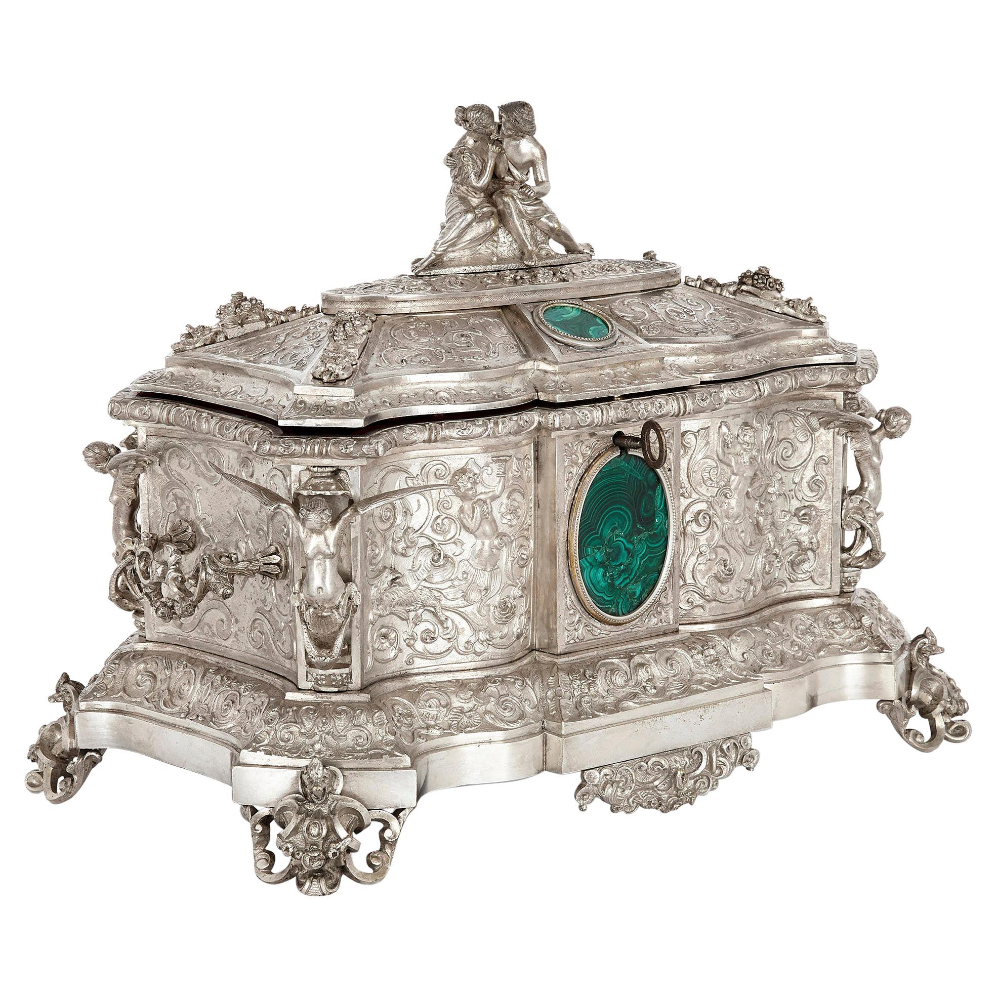 French Antique Malachite and Silvered Bronze Casket