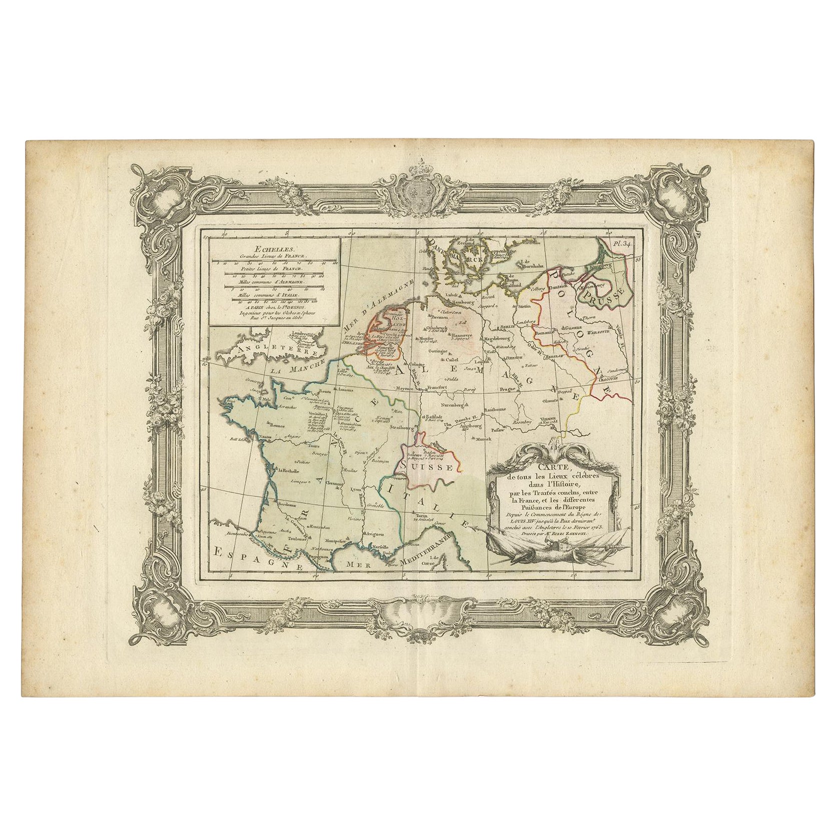 Carta Antique French della Francia e dell'Europa occidentale, 1765