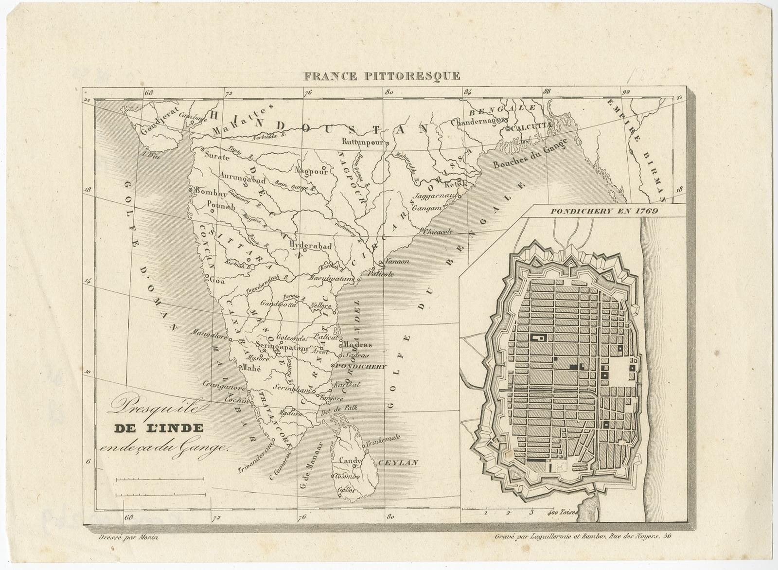 Antique map India titled 'Presqu'ile de l'Inde en de ca du Gange'. Miniature map depicting India with an inset map of Pondicherry (Puducherry). This map originates from 'France Pittoresque ou description Pittoresque (.)' published in Paris.