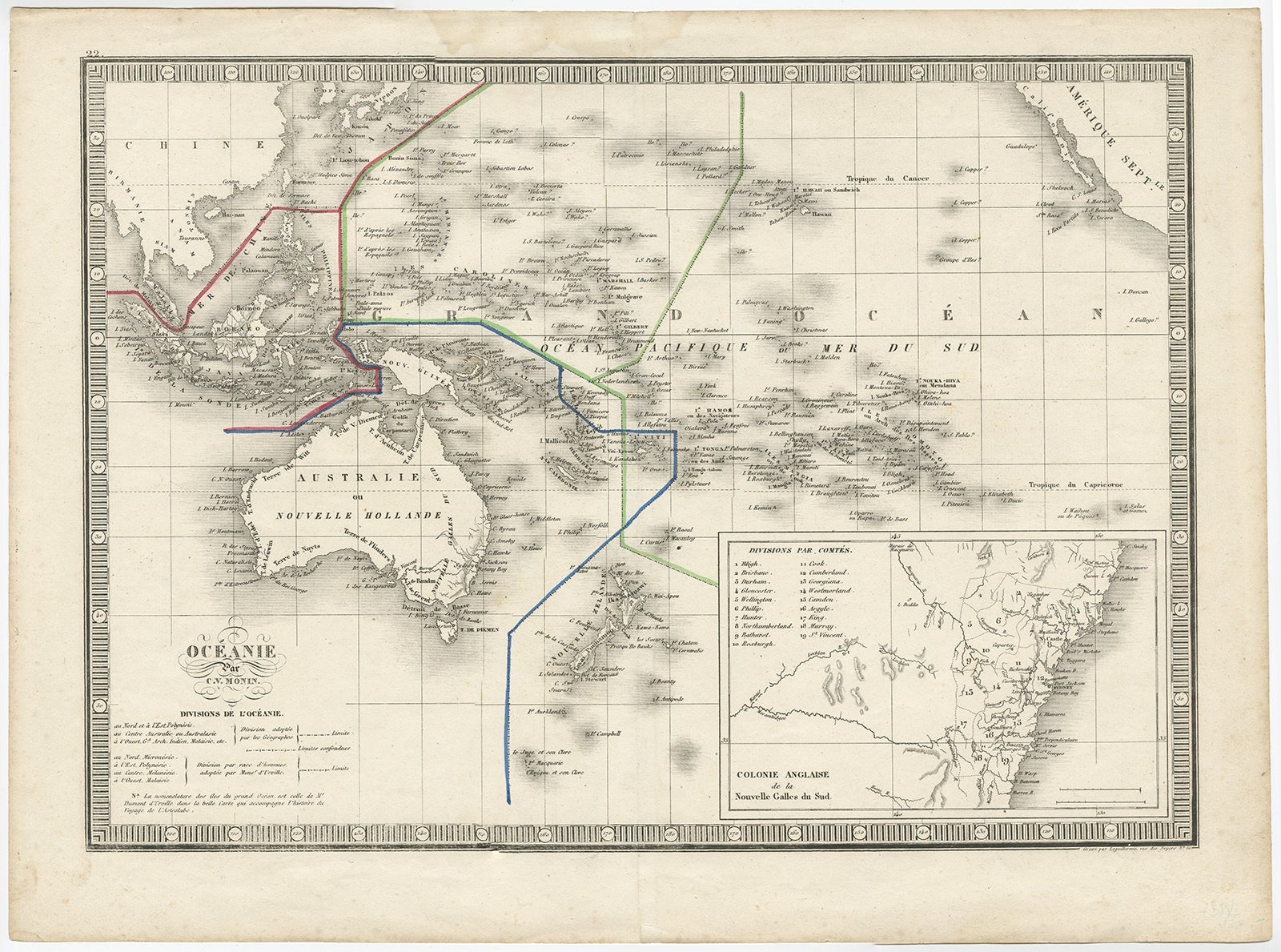 Antike Karte Ozeanien mit dem Titel 'Océanie par C.V. Monin'. Alte Karte von Ozeanien mit einer Einlage von New South Wales. Stammt aus dem 