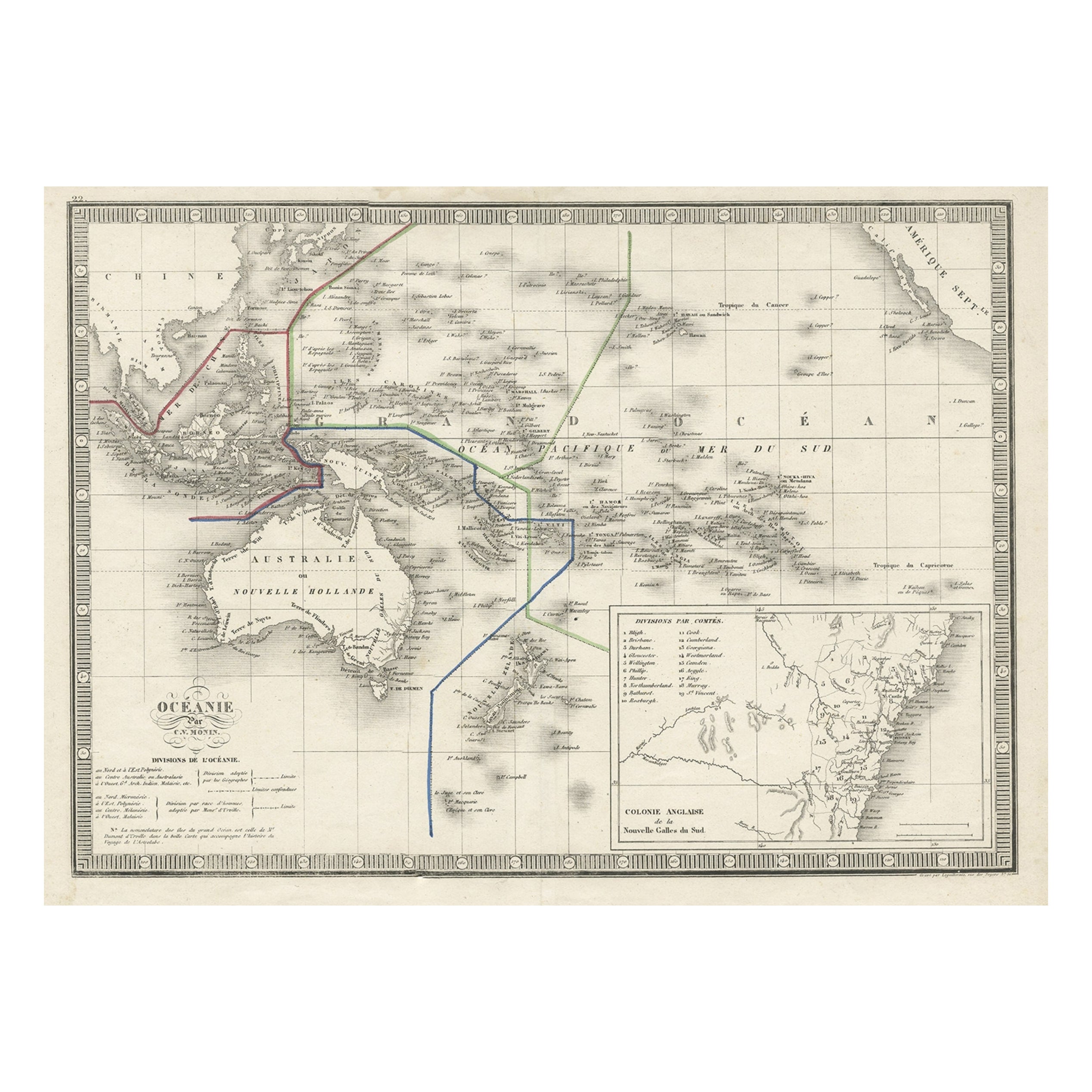 Mapa Francés Antiguo de Oceanía con Detalles de las Colonias Australianas, c.1840 en venta