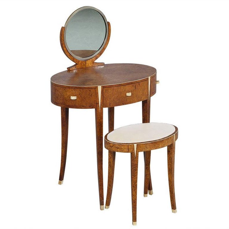 French Antique Mapa Burlwood Art Deco Vanity With Stool
