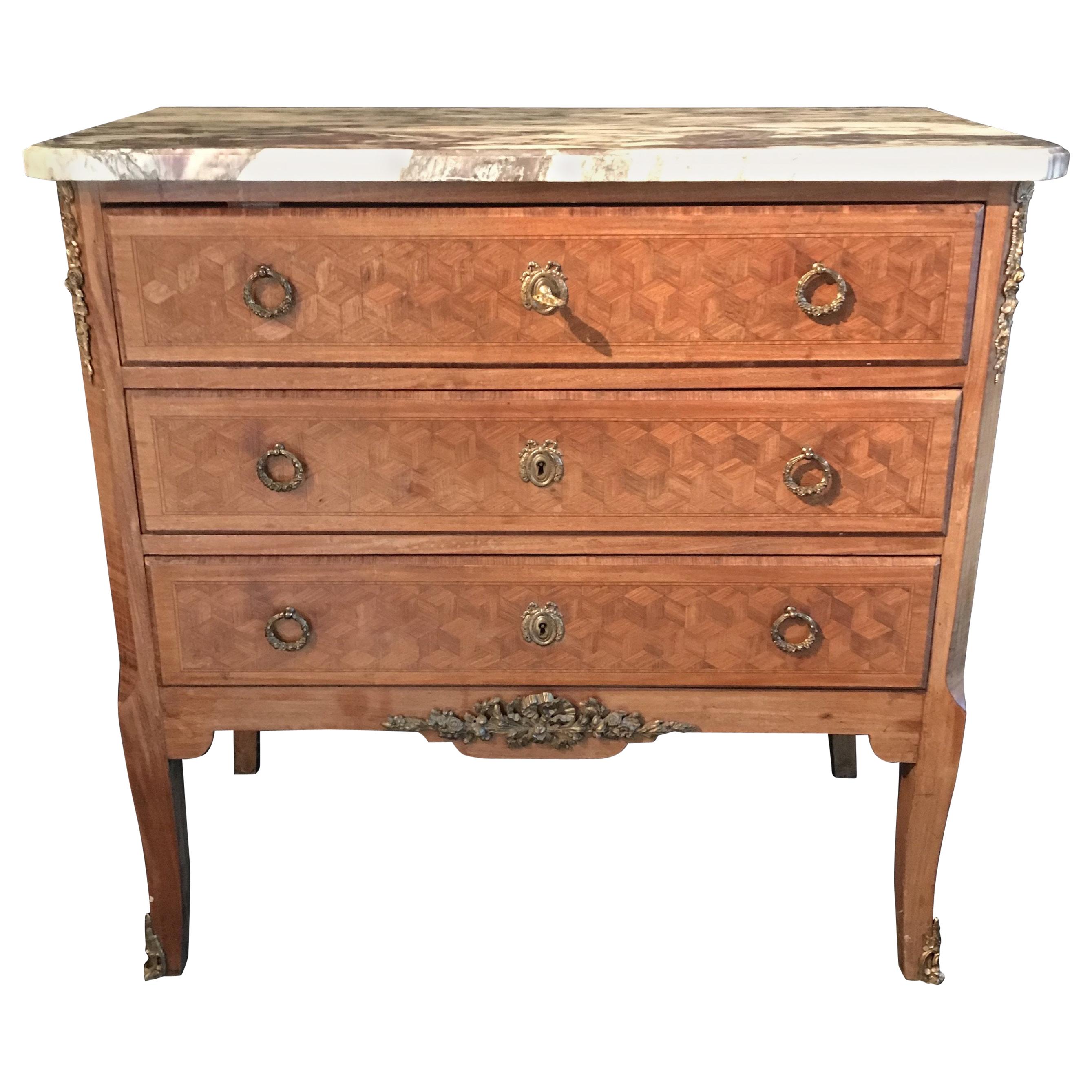 French Antique Marquetry Commode or Chest of Drawers with Stunning