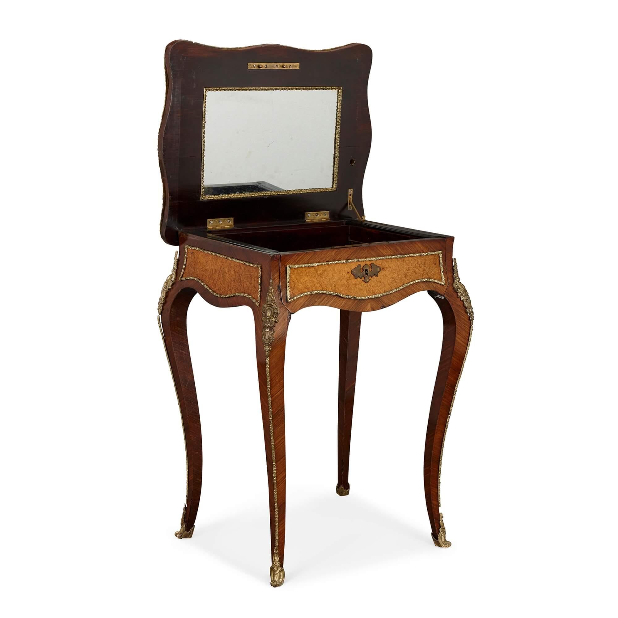 Belle Époque French Antique Marquetry Dressing Table with Mirror and Gilt-Metal Mounts For Sale