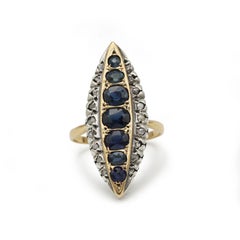 French Antique Marquise Sapphire and Diamond Ring in 18K Yellow Gold