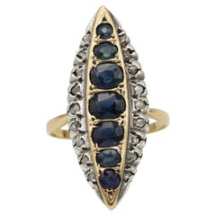 French Antique Marquise Sapphire and Diamond Ring in 18K Yellow Gold