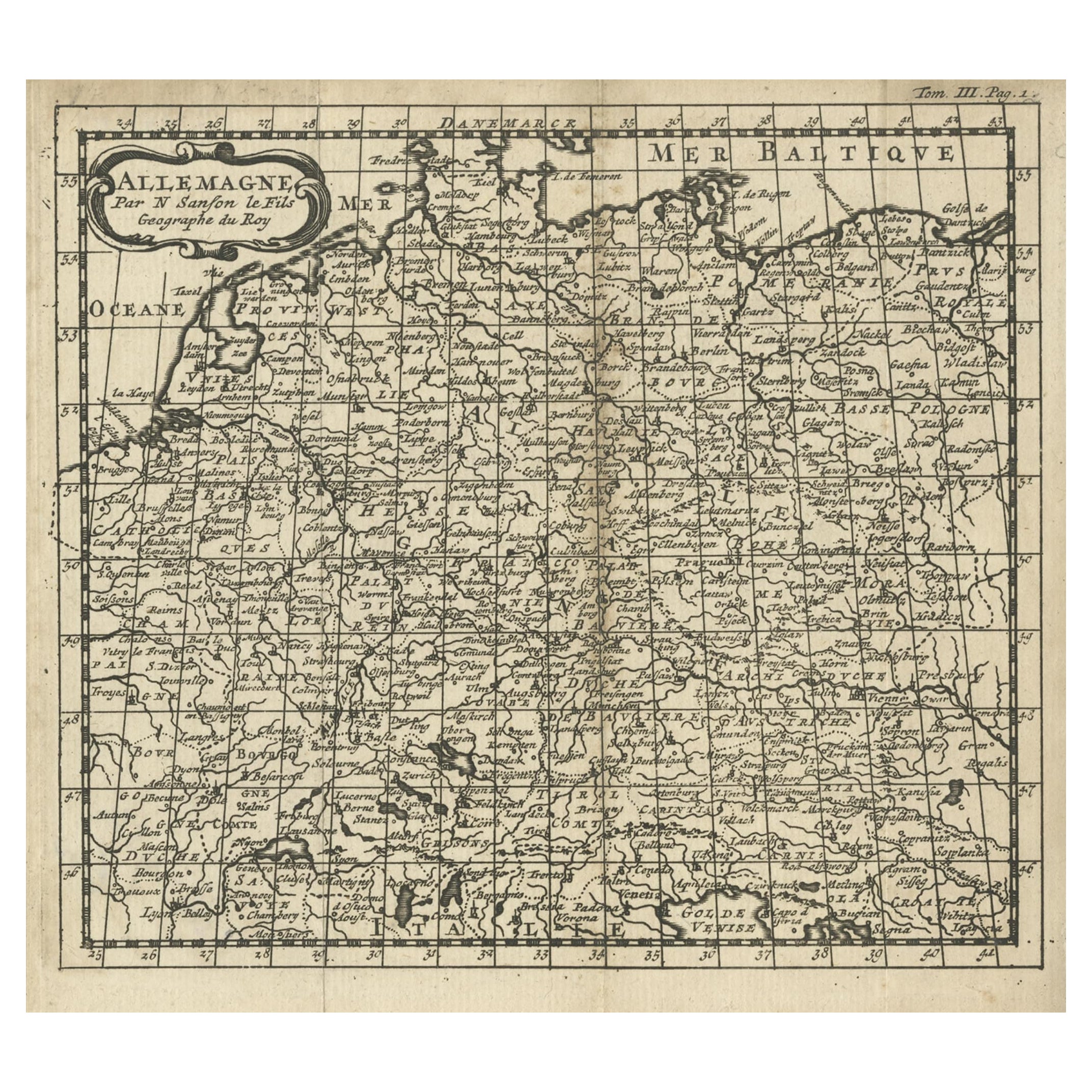 Französische antike französische Miniaturkarte von Deutschland und umgebenden Countries, 1721
