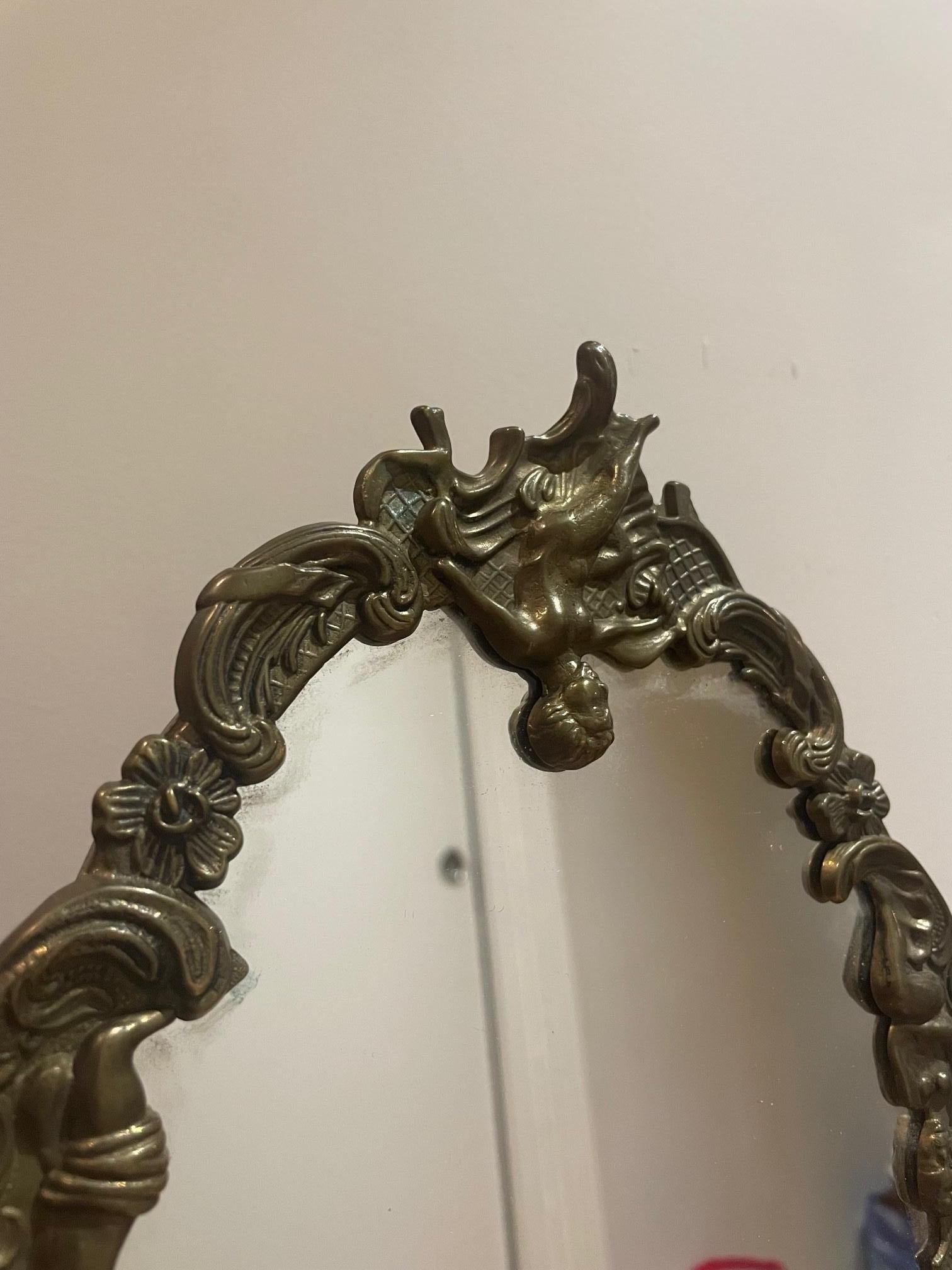 Brass French Antique Mirror with Cherubs For Sale
