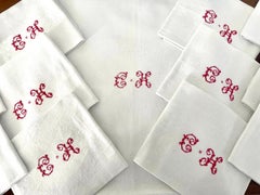 French Antique Monogrammed Embroidered Damask White Tablecloth & Its 12 Napkins