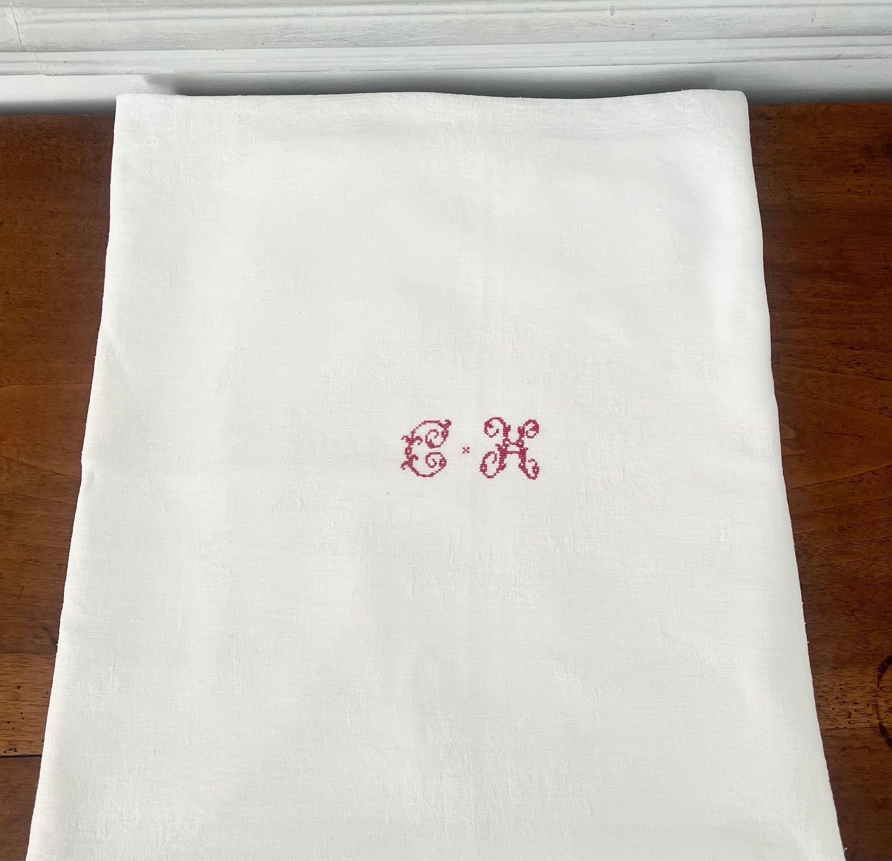 Hand-Carved French Antique Monogrammed Embroidered Damask White Tablecloth & Its 12 Napkins For Sale