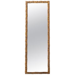 French Antique Napoleon III Slim Mirror with very Fine Floral Stucco Gold-Plated