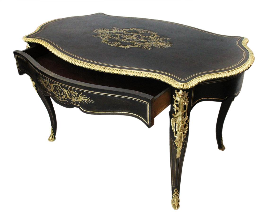 19th Century French Antique Napoleon III Table in Blackened Wood with Delicate Brass Inlays For Sale