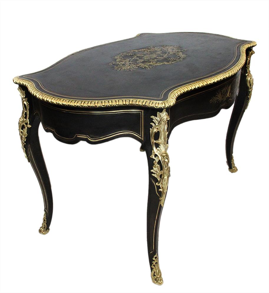 French Antique Napoleon III Table in Blackened Wood with Delicate Brass Inlays For Sale 2
