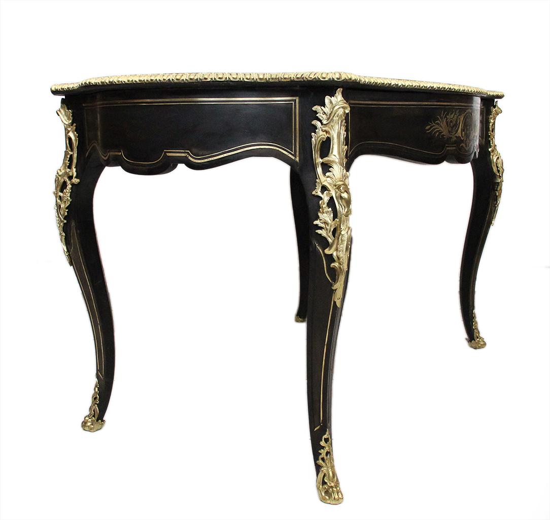 French Antique Napoleon III Table in Blackened Wood with Delicate Brass Inlays For Sale 3