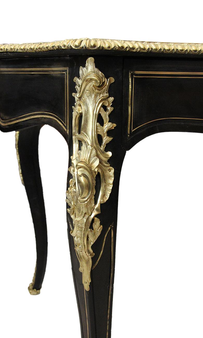 French Antique Napoleon III Table in Blackened Wood with Delicate Brass Inlays For Sale 4