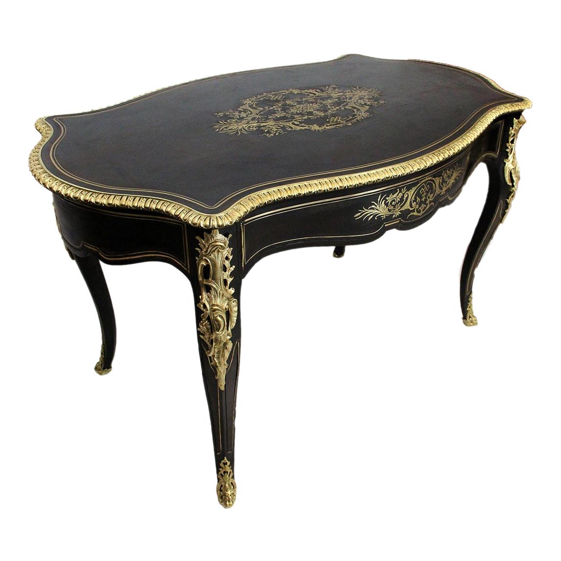 French Antique Napoleon III Table in Blackened Wood with Delicate Brass Inlays For Sale