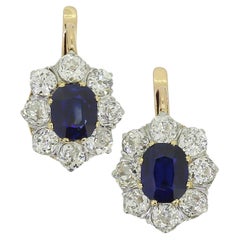 French Antique Natural Sapphire and Diamond Cluster Earrings